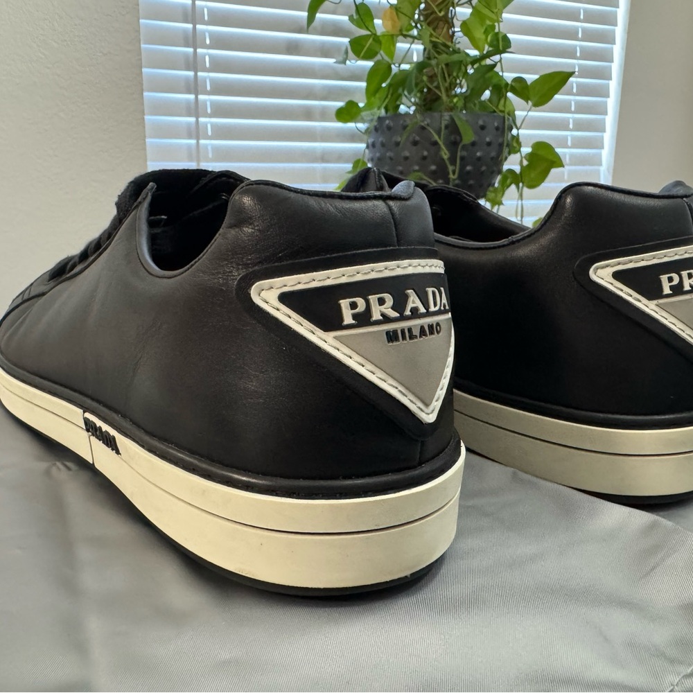 Prada Black Leather Low-Top Sneakers with Cream Sole - Picture 6 of 10